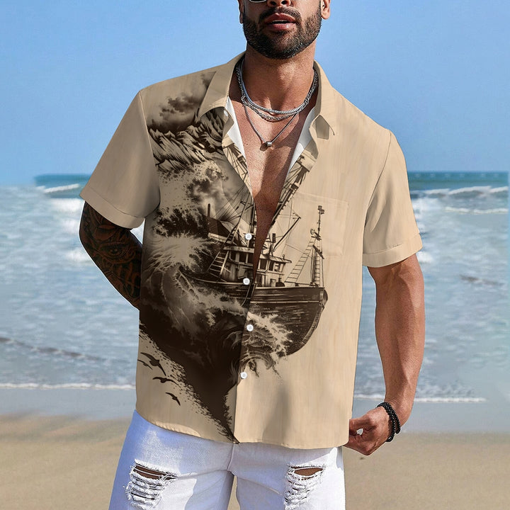 Sailing Wave Boat Print Casual Short Sleeve Shirt 2412005899