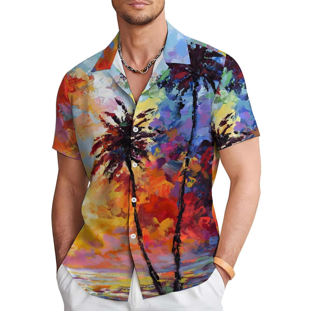 Hawaiian Coconut Tree Oil Painting Art Print Short Sleeve Shirt 2404001791