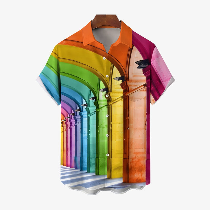 Colorful Architectural Print Linen Short-Sleeved Shirt 2409010674