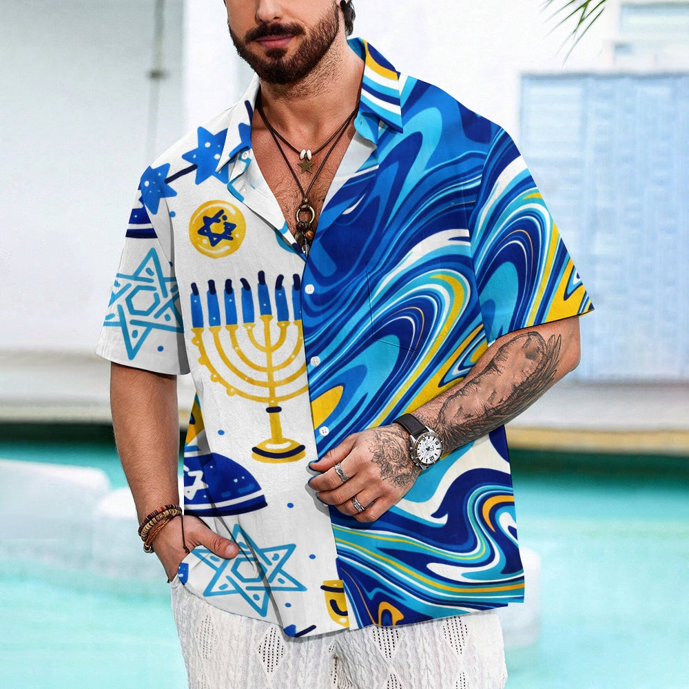 Men's Hanukkah Menorah Print Short Sleeve Shirt 2412007312