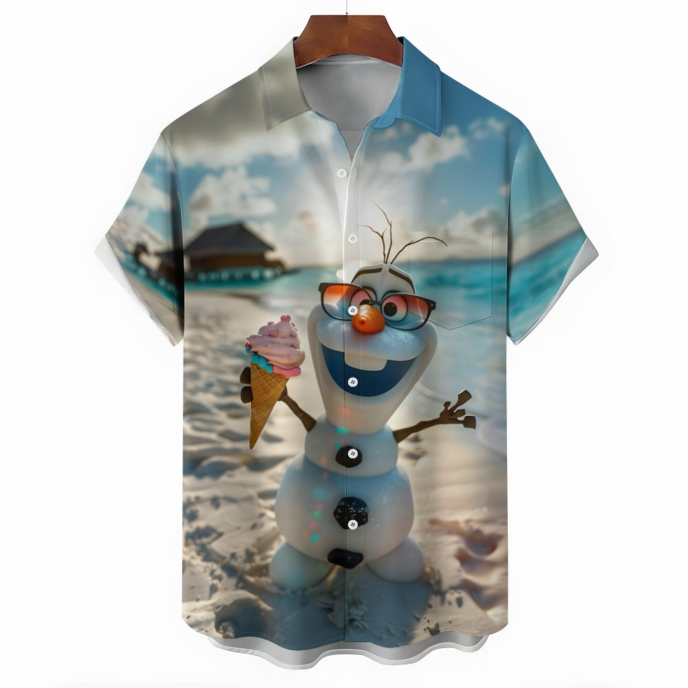 Cartoon Snowman Hawaiian Casual Short Sleeve Shirt 2409002476