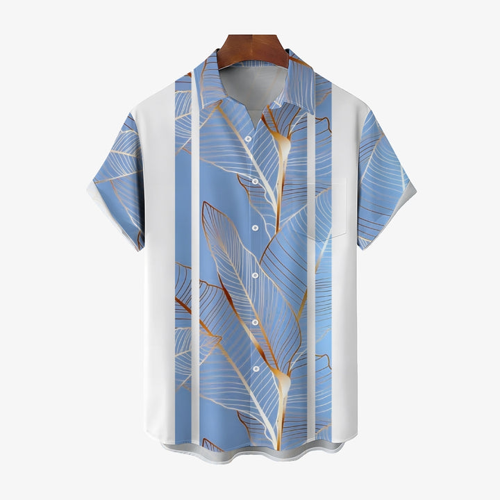 Men's Hawaiian Gold Botanical Print Men's Button Pocket Short Sleeve Shirt 2405000268