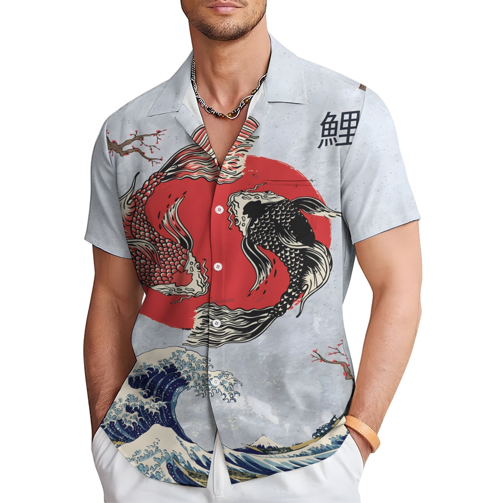 Ukiyo-e Art Fish Casual Large Size Short Sleeve Shirt 2406003314