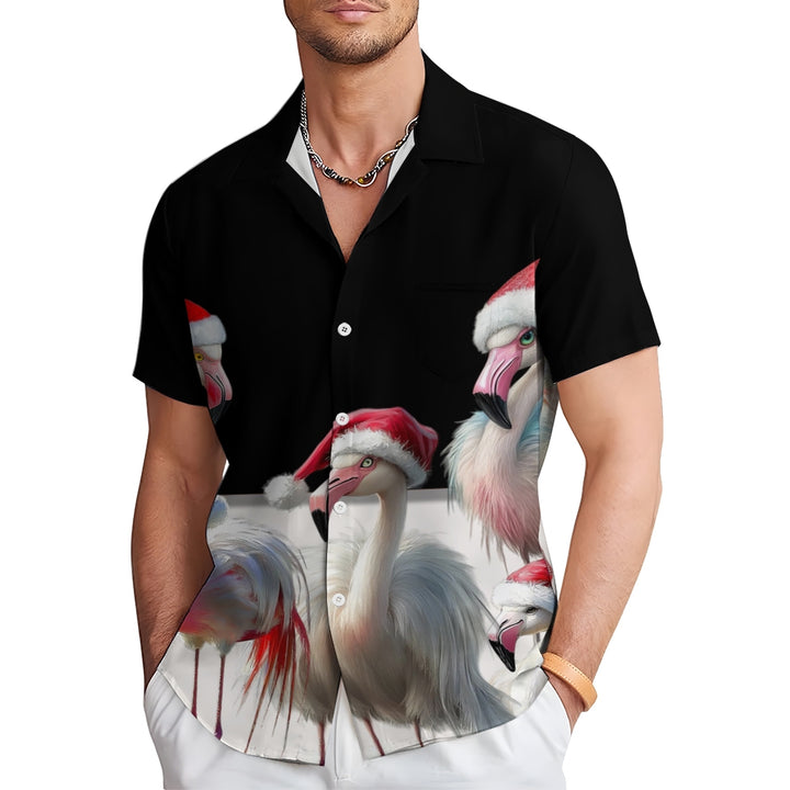 Christmas Flamingo Print Casual Short Sleeve Shirt 2411008517