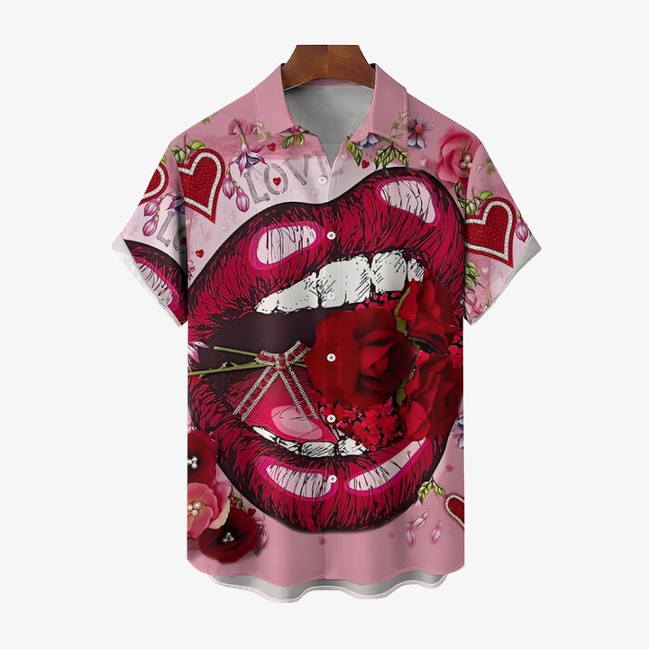 Valentine's Day Rose Lips Casual Short Sleeve Shirt 2412008550