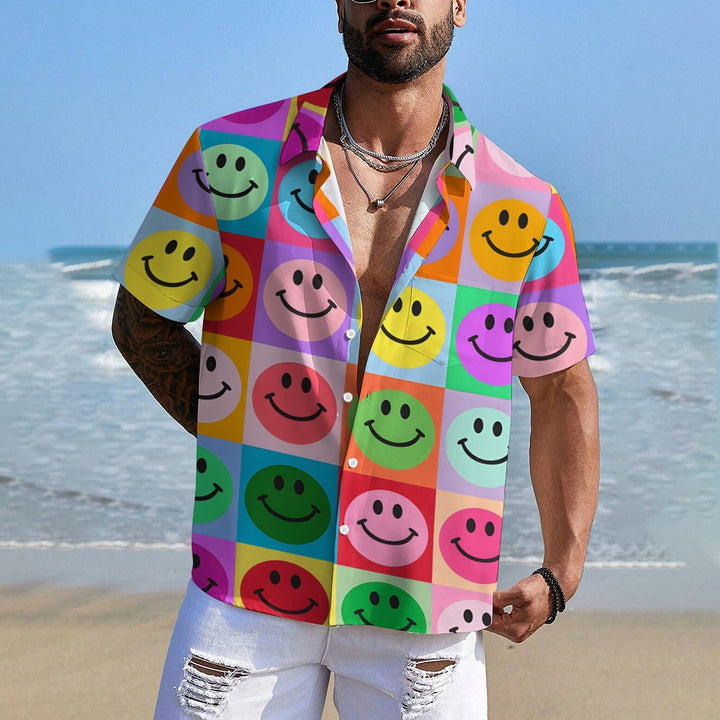 Colorful Smiley Face Patchwork Short-Sleeved Shirt 2409010805