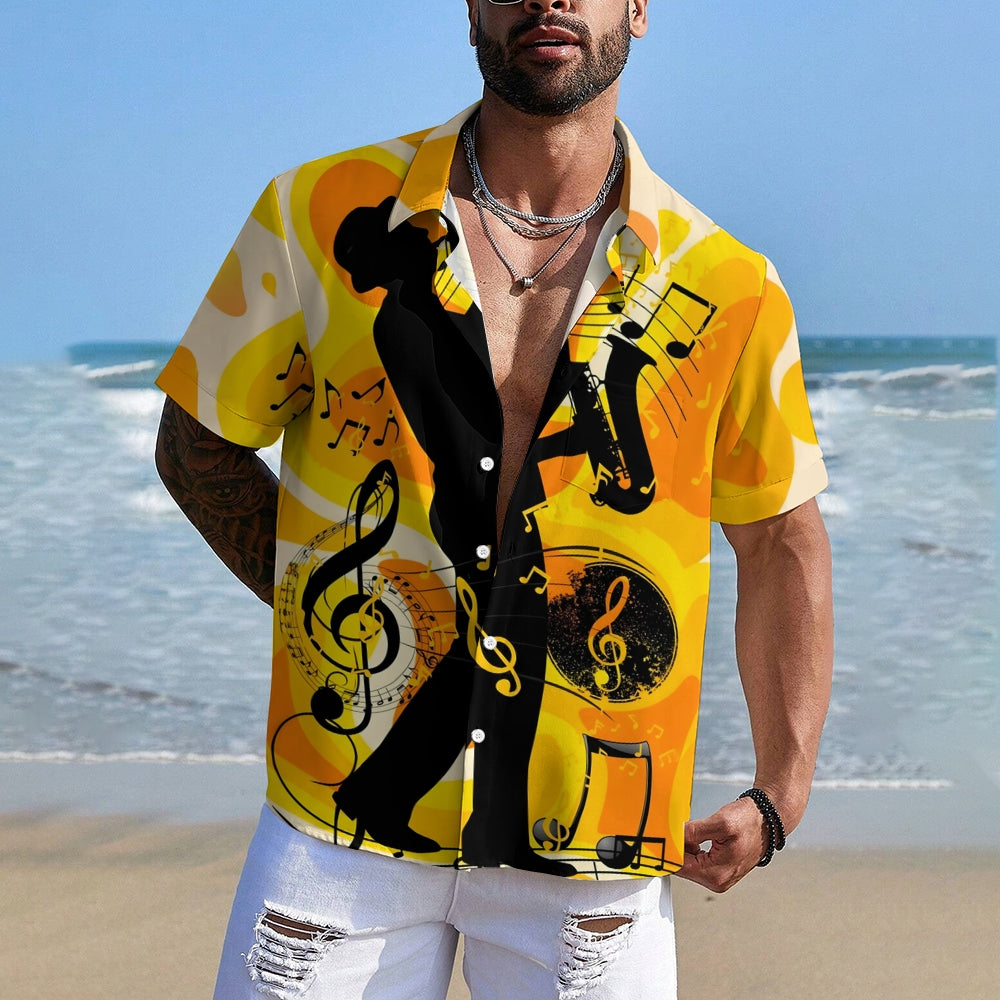 Men's Musical Saxophone Silhouette Print Short Sleeve Shirt 2412007610