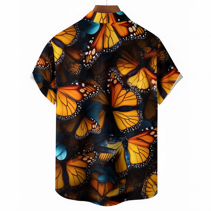 Vintage Butterfly Print Chest Pocket Short Sleeve Shirt 2411005934