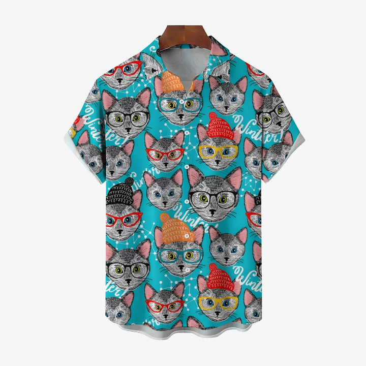 Cat With Woolen Hat And Glasses Casual Short Sleeve Shirt 2410001928