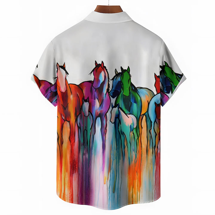 Colorful Horse Art Print Casual Oversized Short Sleeve Shirt 2407002251