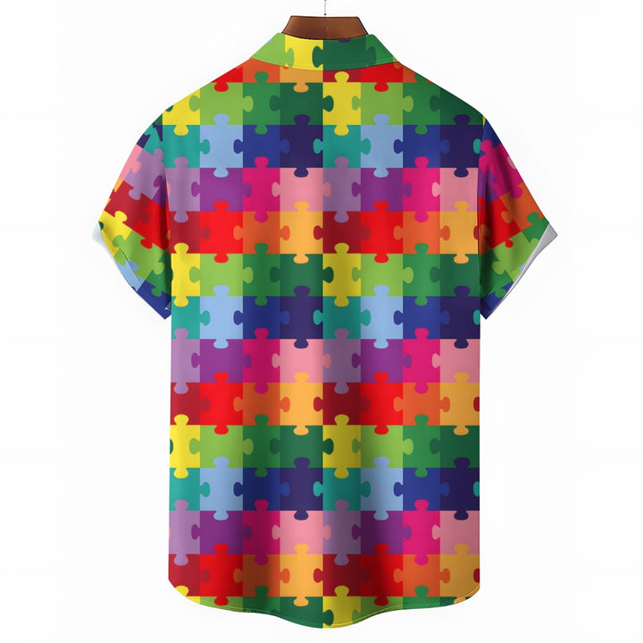 Colorful Puzzle Print Casual Oversized Short-Sleeved Shirt 2407000952