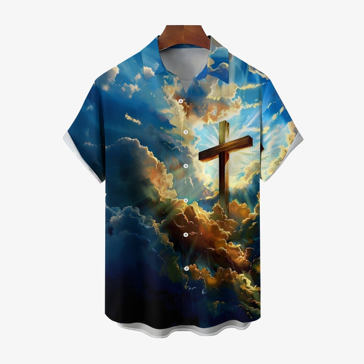 Cross Print In The Clouds Casual Easter Shirt 2412008949