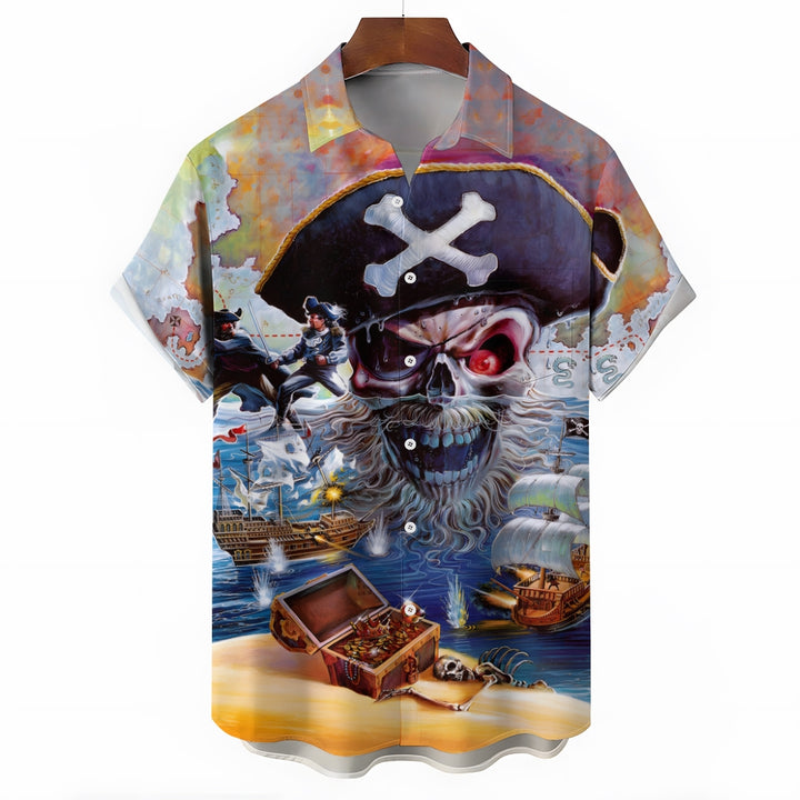 Vintage Nautical Pirate Print Chest Pocket Short Sleeve Shirt 2411002012