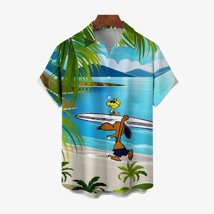 Cartoon Dog Surfing Hawaiian Casual Short Sleeve Shirt 2408007620