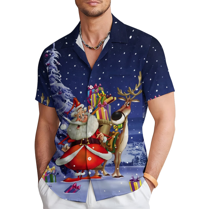 Men's Santa Claus and Elk Casual Short Sleeve Shirt 2411004006