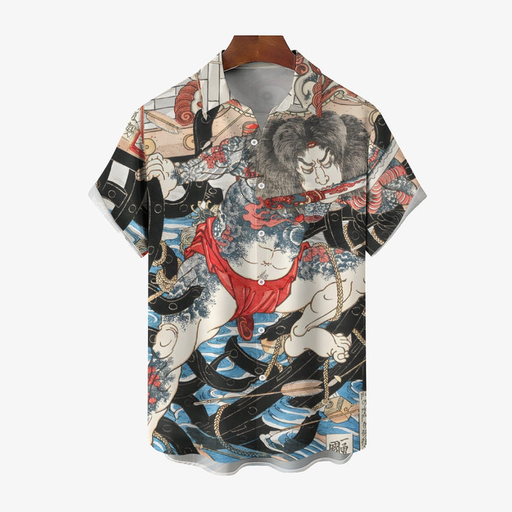 Ukiyoe Japanese Samurai Casual Large Size Short Sleeve Shirt 2406003329