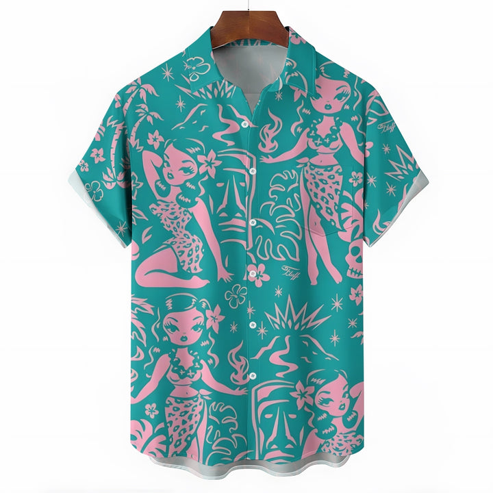 Tiki Art Print Casual Short Sleeve Shirt 2403000524