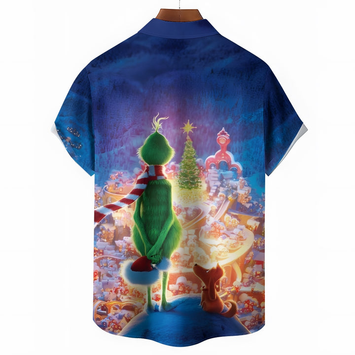 Cartoon Christmas Green Monster Print Short Sleeve Shirt 2411003265