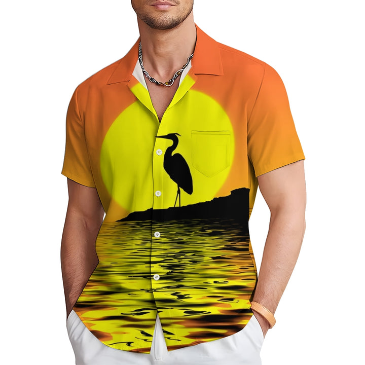 Landscape Egret Print Linen Short Sleeve Shirt 2409010677