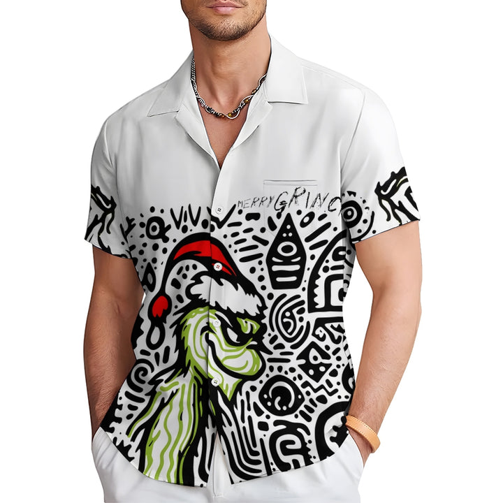 Cartoon Line Christmas Green Monster Casual Short Sleeve Shirt 2409007983