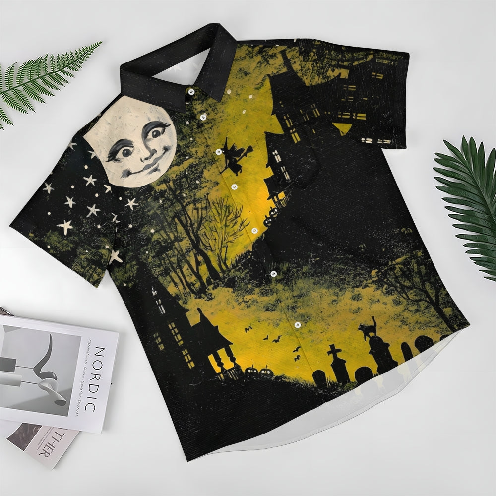 Halloween Castle Witch Print Casual Short Sleeve Shirt 2408002669