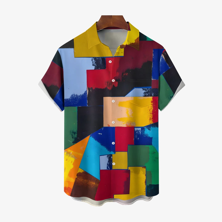 Spliced Color Block Art Print Casual Short Sleeve Shirt 2403000708