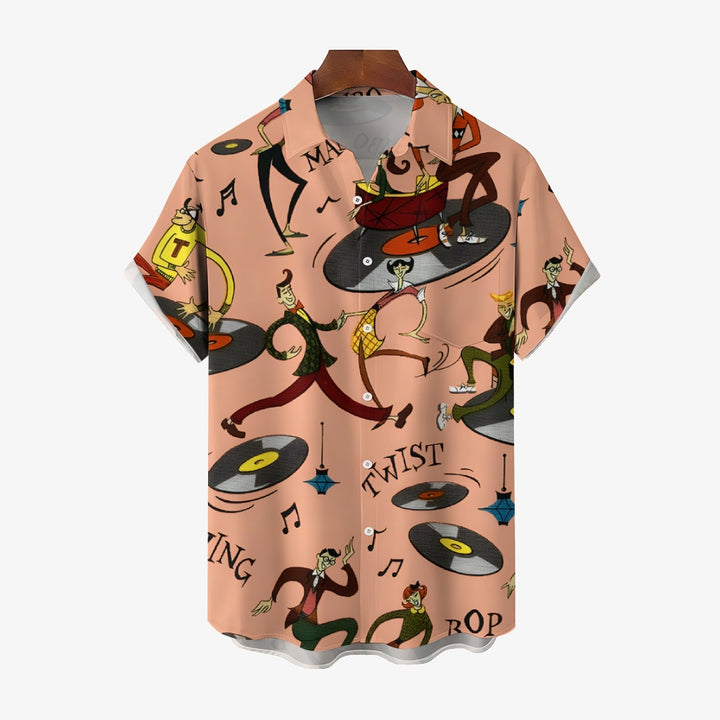 Music Vinyl Record Cartoon Linen Short-Sleeved Shirt 2409010076