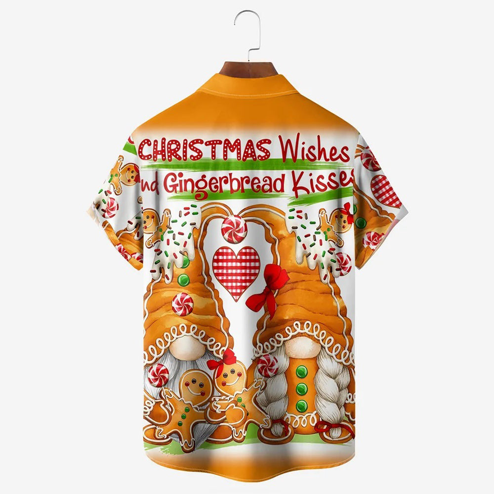 Merry Christmas Gingerbread Man Cartoon Gnome Print Short-Sleeved Shirt