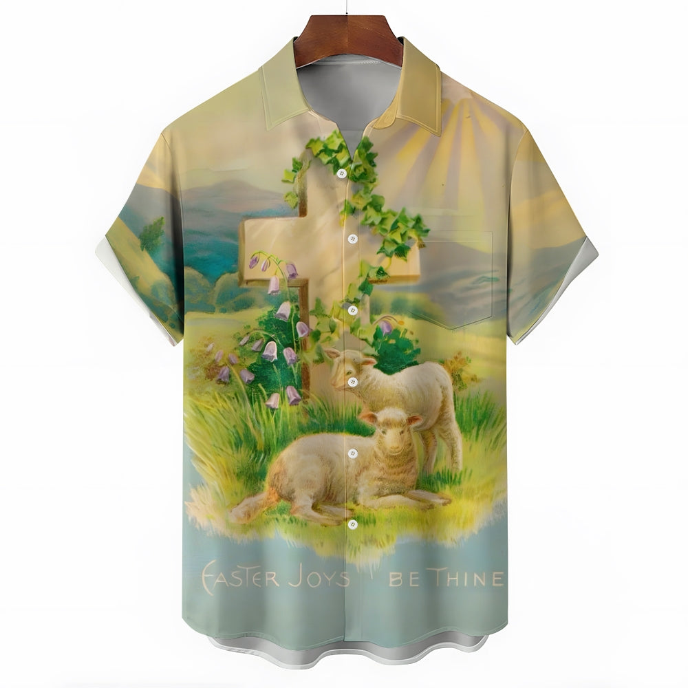 Easter Sheep Cross Print Casual Short Sleeve Shirt 2412010139