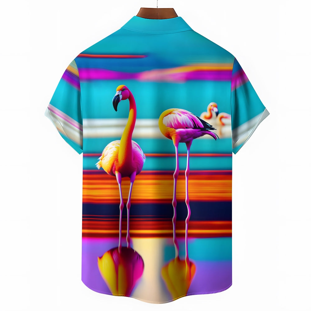 Flamingo Art Print Casual Short Sleeve Shirt 2411008046