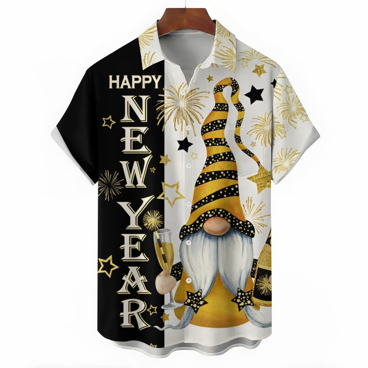 Happy New Year Gnome Champagne Print Casual Short Sleeve Shirt 2412002787