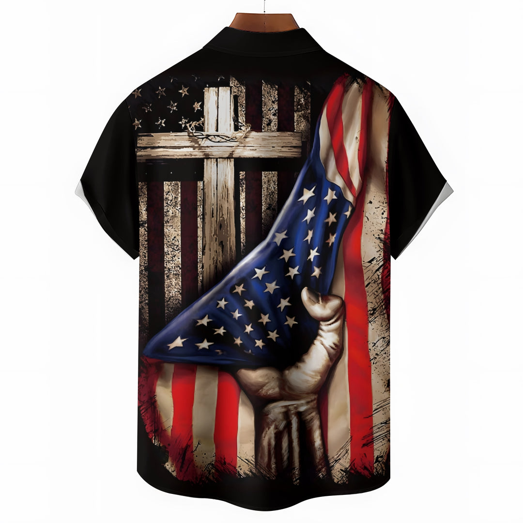 Men's Flag Patriotism Cross Casual Short Sleeve Shirt 2404001063