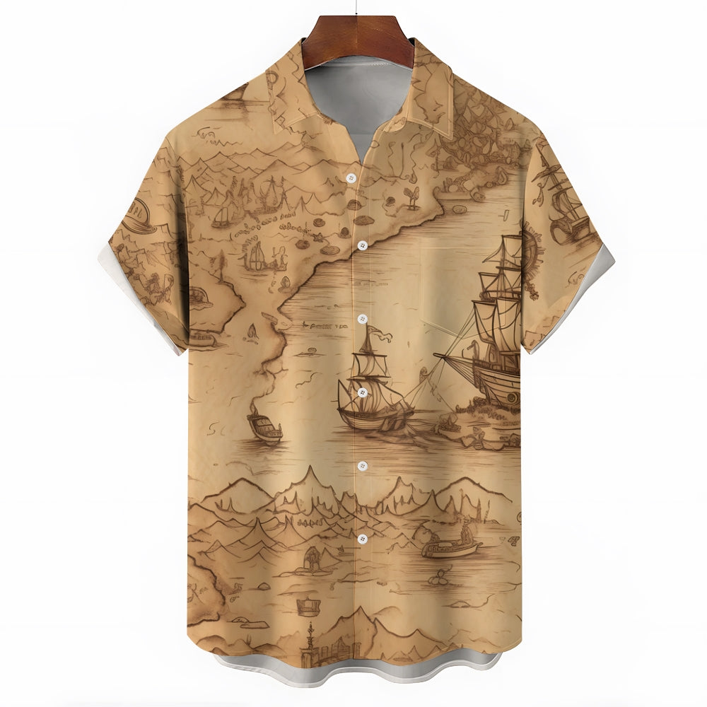 Vintage Sailing Sailboat Print Chest Pocket Short Sleeve Shirt 2411005966