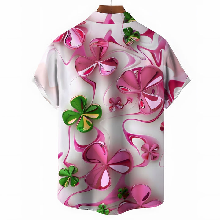 St. Patrick's Day Pink Four-Leaf Clover Short Sleeve Shirt 2412009474