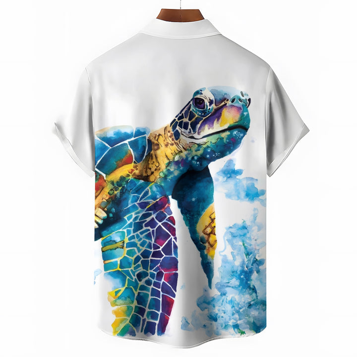 Men's Watercolor Art Turtle Casual Short Sleeve Shirt 2403000810