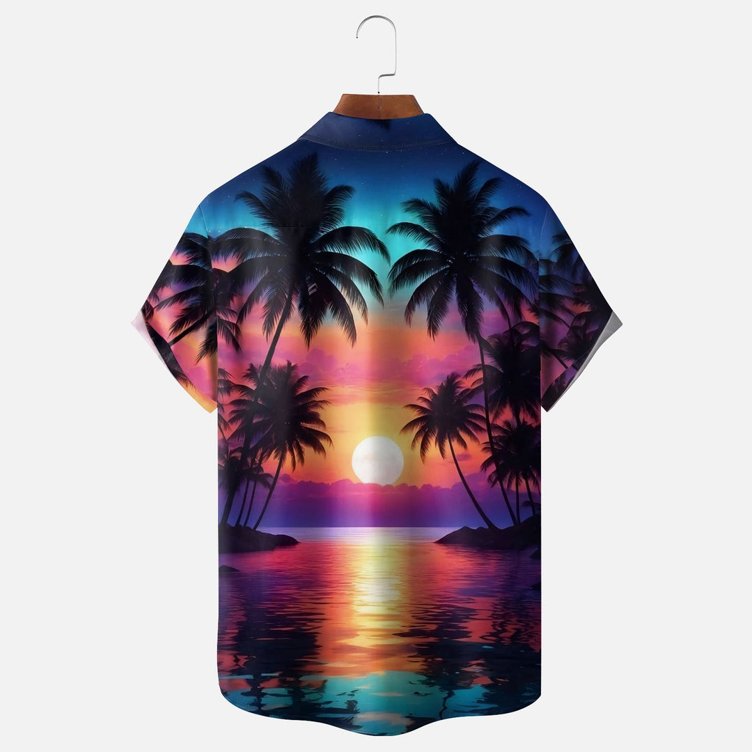 Beach Coconut Trees Sunset Gradient Chest Pocket Hawaiian Shirt