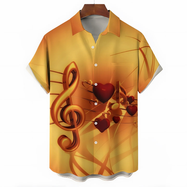 Retro Music Note Heart Print Casual Short Sleeve Shirt 2408004529