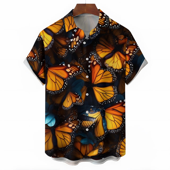 Vintage Butterfly Print Chest Pocket Short Sleeve Shirt 2411005934