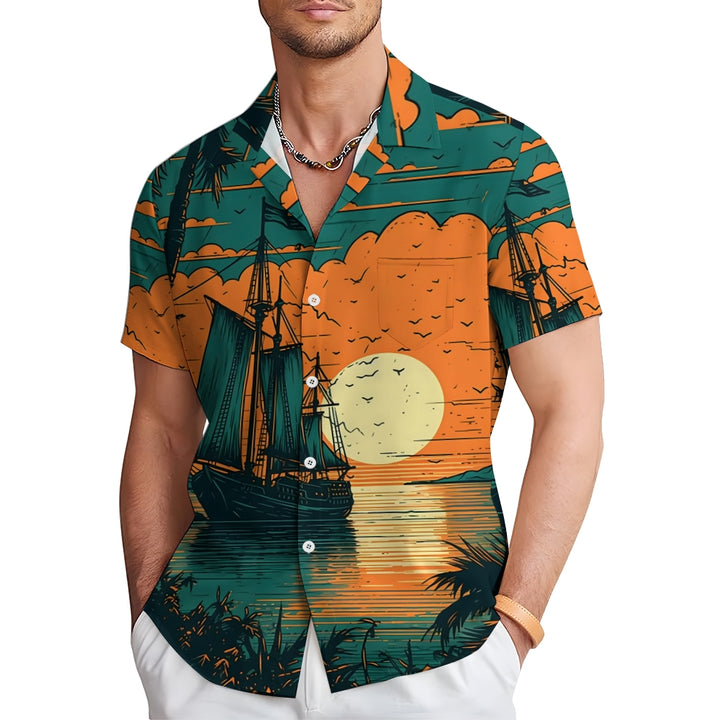 Sailing Boat On Sea Casual Short Sleeve Shirt 2405000681