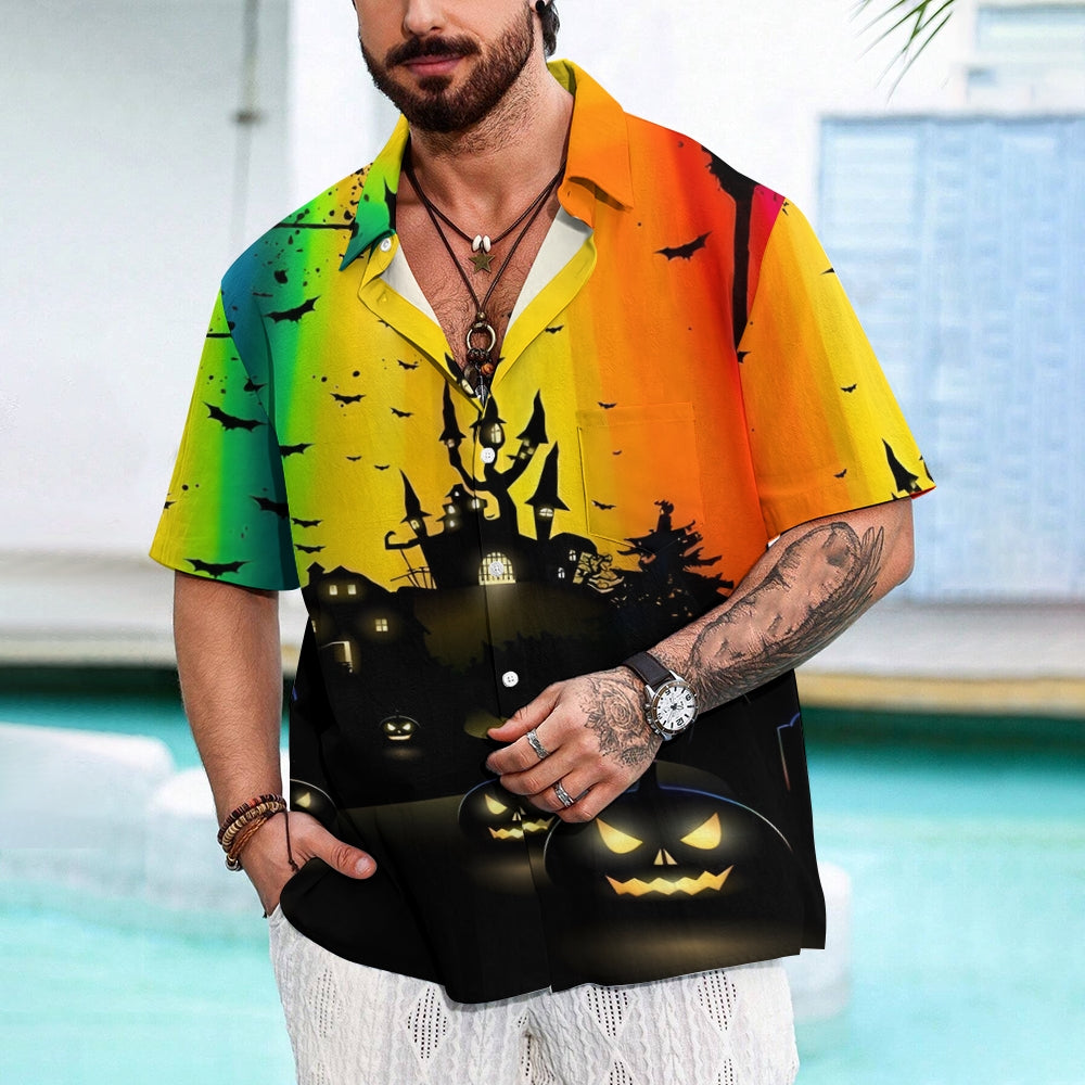 Halloween Castle Print Rainbow Casual Short Sleeve Shirt 2408007709