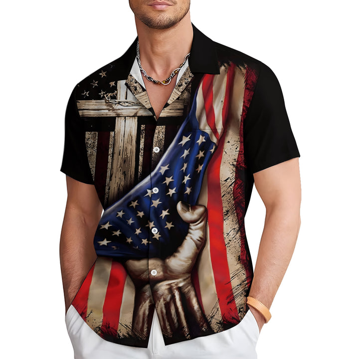 Men's Flag Patriotism Cross Casual Short Sleeve Shirt 2404001063