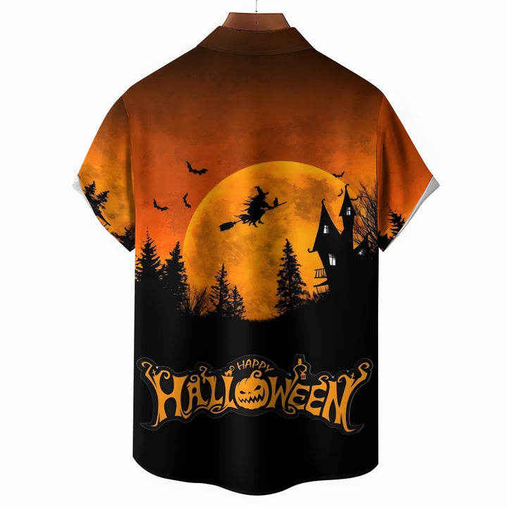 Halloween Flying Witch Print Short Sleeve Shirt 2408007018