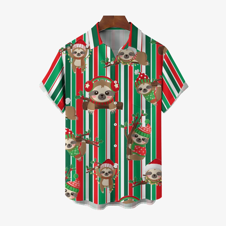 Christmas Striped Sloth Print Short Sleeve Shirt 2409010818