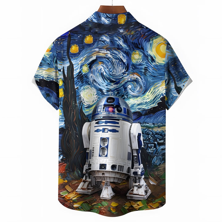 Starry Sky Art Robot Print Casual Short Sleeve Shirt 2412006939