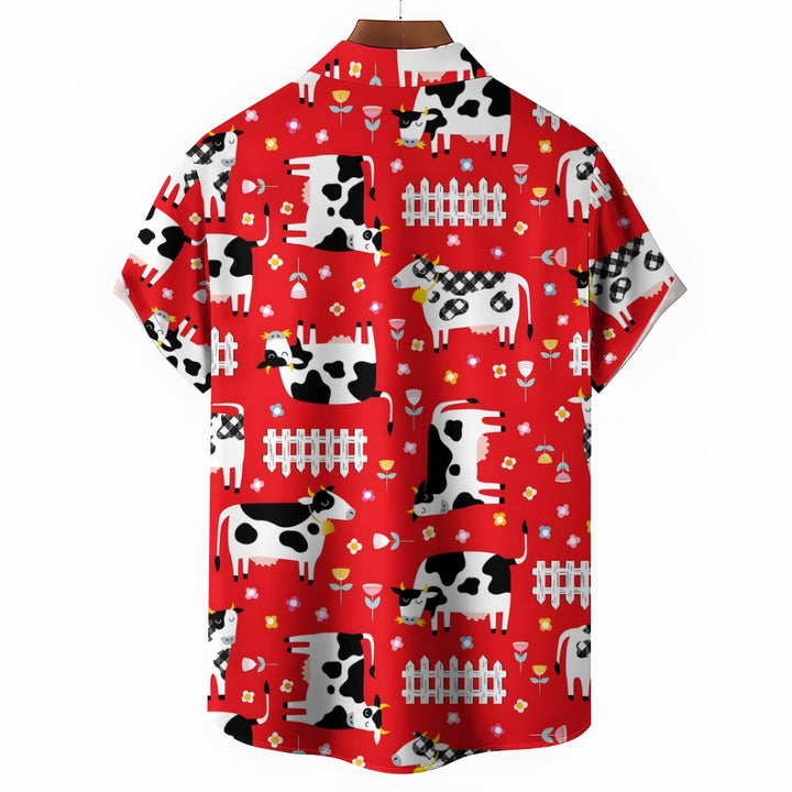 Cow Fence Red Casual Short Sleeve Shirt 2409008970