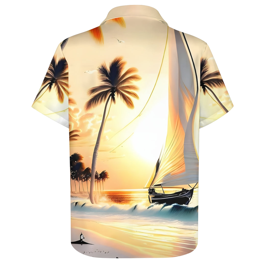 Beach Scenery Sailing Print Casual Short Sleeve Shirt 2404000185