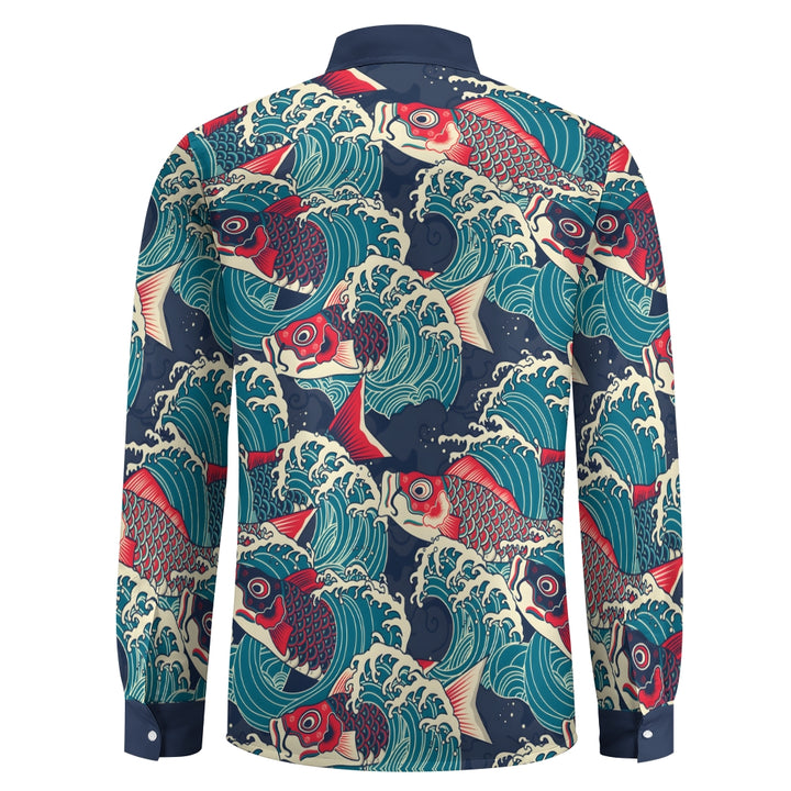 Men's Casual Ukiyo-E Art Style Koi Fish Printed Long Sleeve Shirt 2403000598