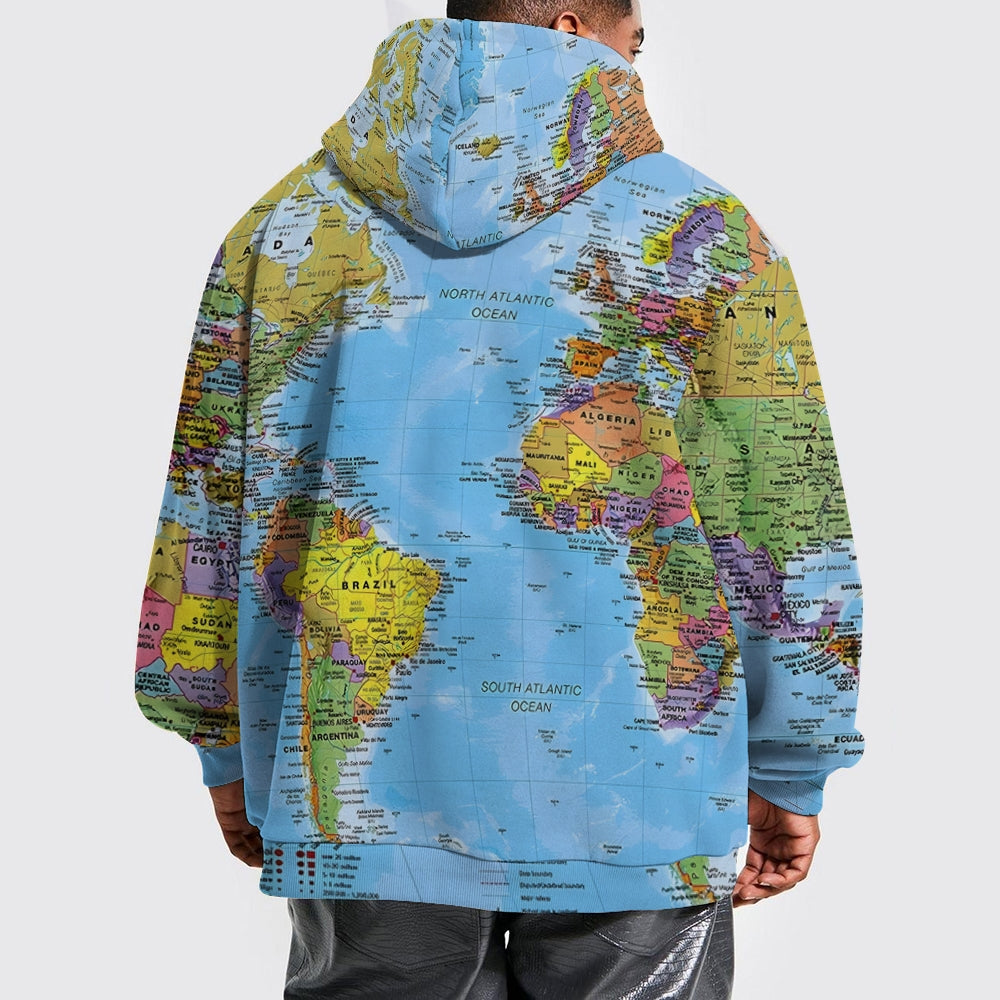 Retro Map Multicolor Long Sleeve Hooded Sweatshirt 2411004094