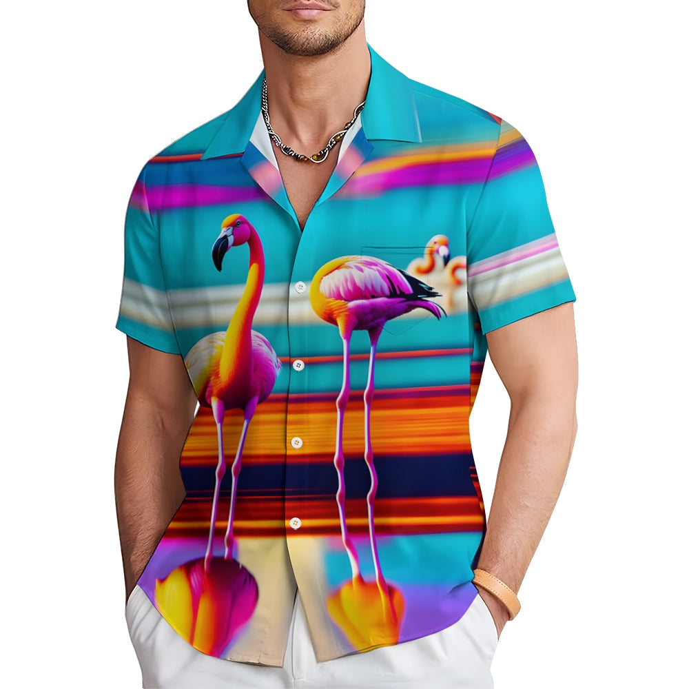 Flamingo Art Print Casual Short Sleeve Shirt 2411008046