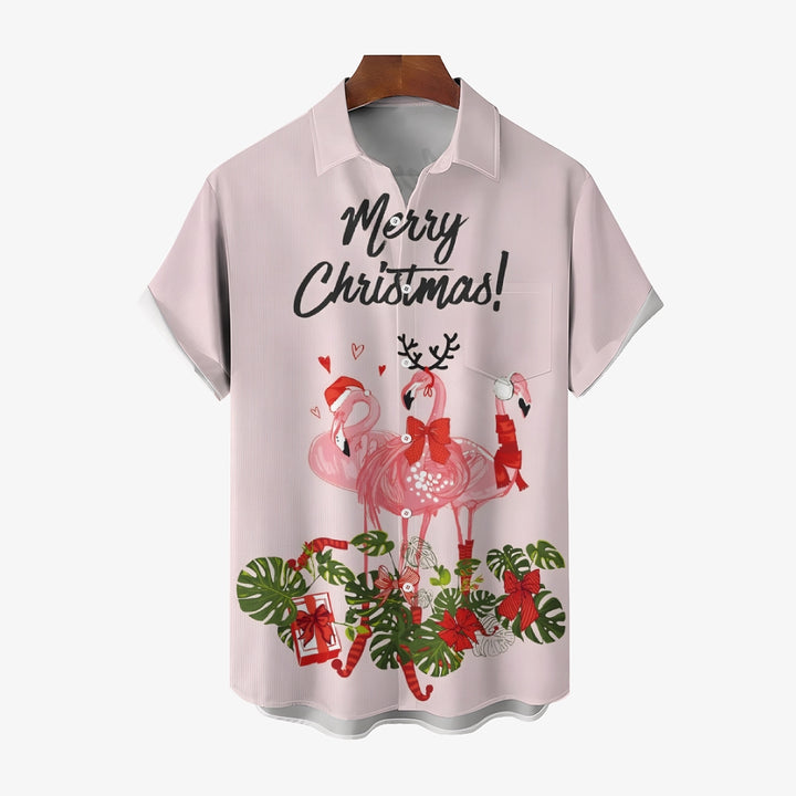 Merry Christmas Flamingo Casual Short Sleeve Shirt 2411008104